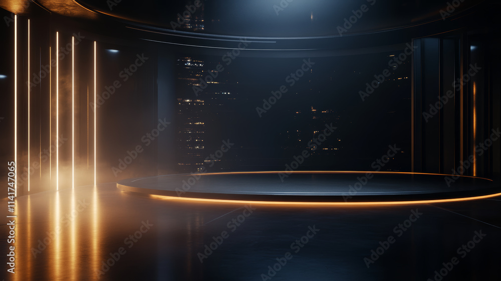 Aufkleber modern stage design featuring dramatic lighting and empty performance area in a futuristic setting