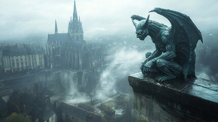 A terrifying gargoyle monster demon sitting on the top of a gothic castle under a thunderstorm