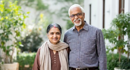 Senior indian couple smiling in a garden setting for family and lifestyle concepts