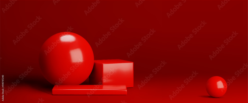 Poster 3d red studio with podium. abstract room background with stage for luxury display on floor. minimal 