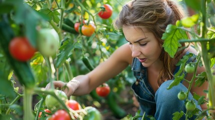 A woman harvesting ripe tomatoes and cucumbers in a well-tended garden