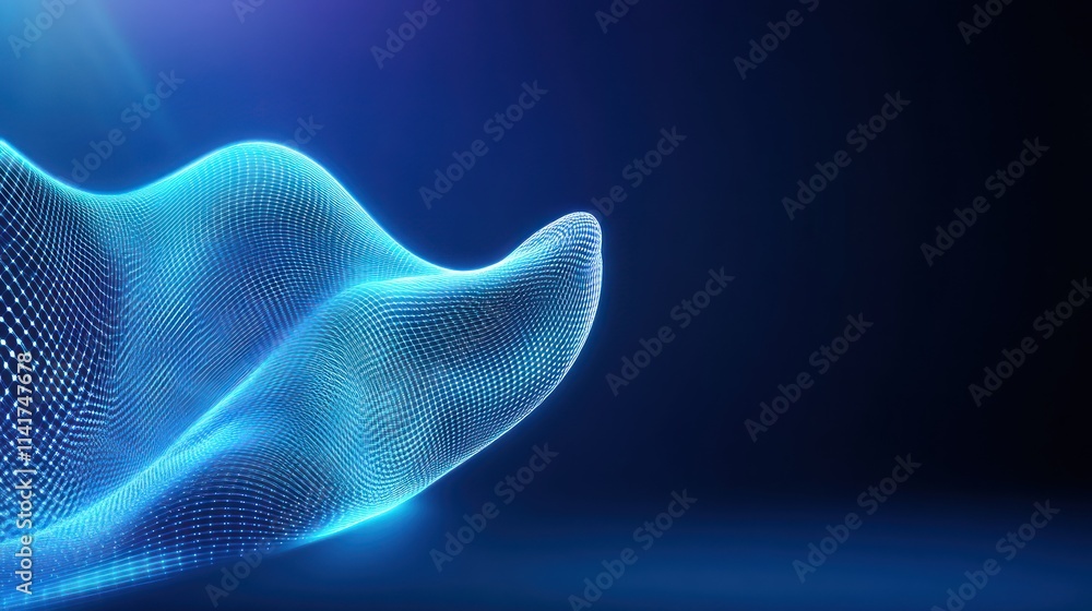 Poster abstract digital wave with glowing mesh design on a dark background.