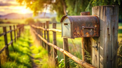 Rustic mailbox on a weathered wooden fence post beside a sunlit rural pathway