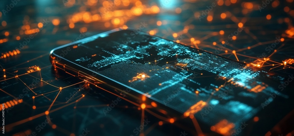 Poster a smartphone displaying a digital network design with glowing connections.