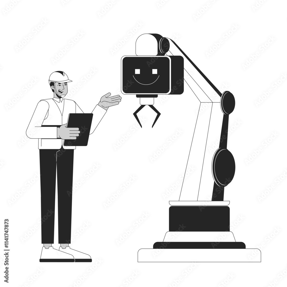 Poster ai technology in manufacturing industry linear illustration. robotic artificial intelligence. smart 