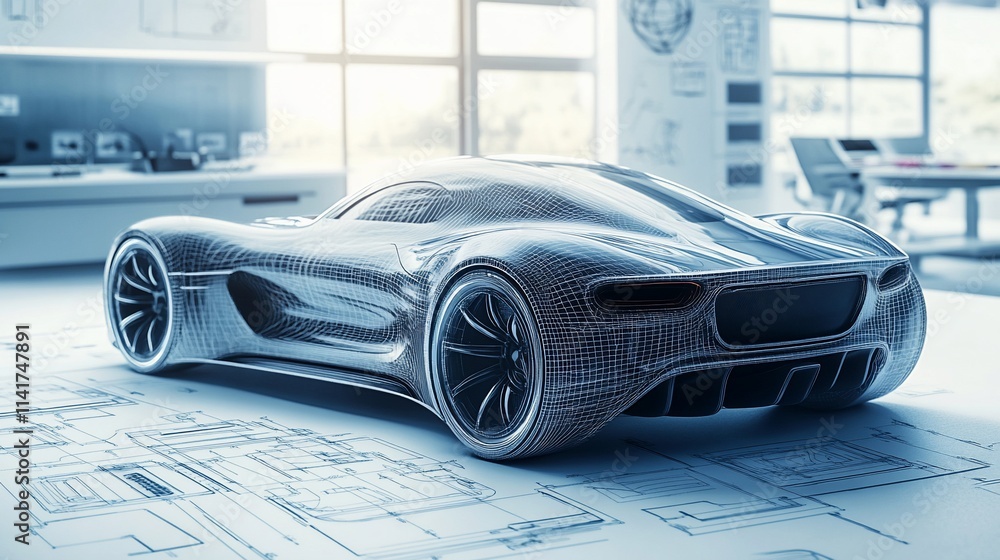 Poster a sleek, futuristic car model displayed on design blueprints in a studio.