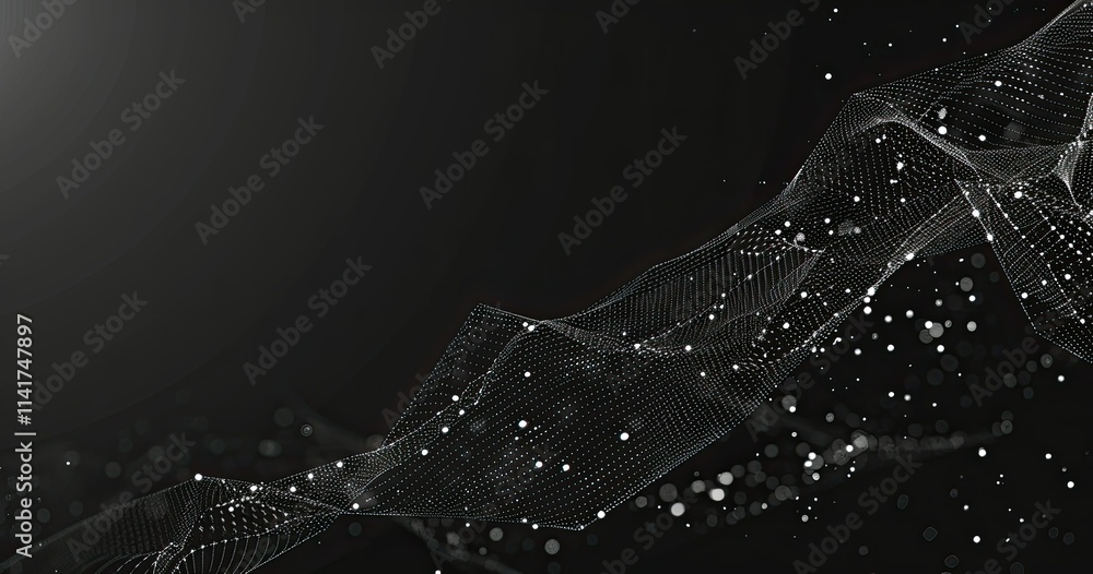 Poster abstract digital wave with particles on a dark background, suggesting technology and data flow.