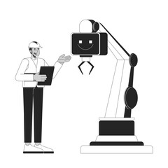 AI technology in manufacturing industry linear illustration. Robotic artificial intelligence. Smart factory tablet engineer hardhat 2D line character isolated on white. Monochrome vector outline image