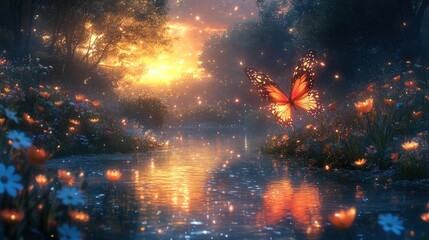 Fototapeta premium Magical sunset, glowing butterfly, river, flowers.