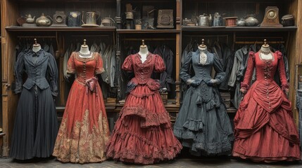 Naklejka premium Antique dresses displayed on mannequins in a wardrobe.