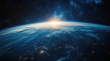 Earthrise: A breathtaking view of our planet from space, bathed in the golden light of dawn. Stars and swirling clouds.