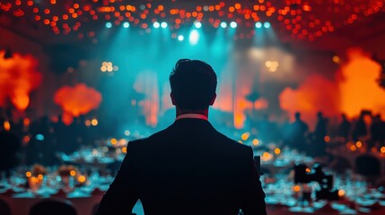 A mysterious figure stands before a grand celebration, immersed in a dazzling ambiance of colorful lights and exquisite decor. The atmosphere buzzes with excitement and elegance