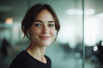 Fototapeta premium A woman with a joyful smile stands in a contemporary environment, radiating warmth and charm, embodying the spirit of positivity and connection in her surroundings.