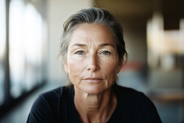 Fototapeta premium A close-up portrait of a mature woman with captivating gray hair and piercing eyes, embodying wisdom, strength, and an unforgettable sense of serenity and calm resilience.