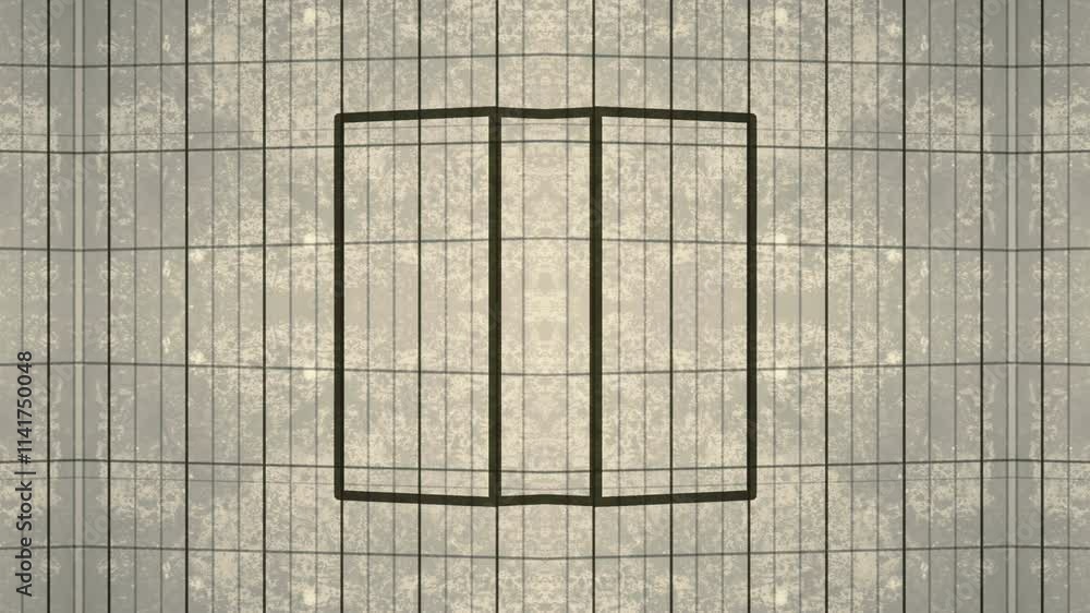 Poster Digital loop animation with a symmetrical composition of dark geometric shapes on a light gray scratched surface. Rectangles are smoothly transformed, creating the optical illusion. 3d rendering 4K