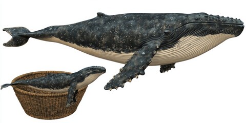 Obraz premium Realistic Model of Humpback Whale in Bamboo Basket, Showcasing Marine Life and Ocean Conservation Themes