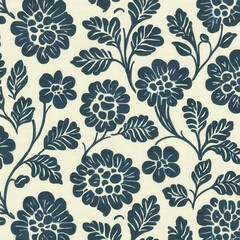 Fototapeta premium A vibrant floral pattern featuring dark blue flowers and leaves on a soft cream background, adding a classic touch to any decor.
