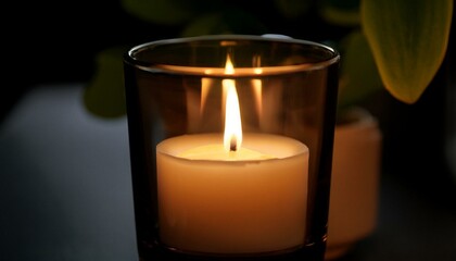 Illuminated Candle in Amber Glass: A Serene and Warm Still Life