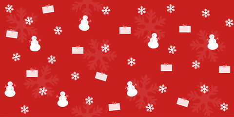 Christmas background. Seamless winter pattern with snowman, gifts and snowflakes. Vector illustration in red colors.