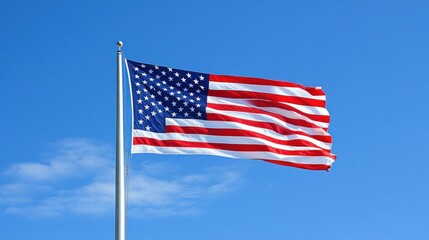 American flag waving proudly against a clear blue sky.