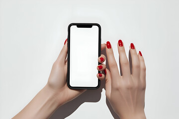 The image shows a person holding a black smartphone with a white screen. The person is wearing red nail polish.
