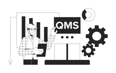 Quality management system in manufacturing black and white 2D illustration concept. Improving factory processes productivity. QMS manager outline character isolated. Metaphor monochrome vector art