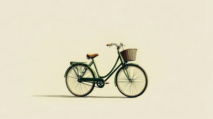 Obraz premium Vintage green bicycle with basket, side view, minimalist style, cream background.