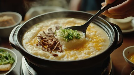Delicious Hot Porridge with Meat and Green Onions in Clay Pot