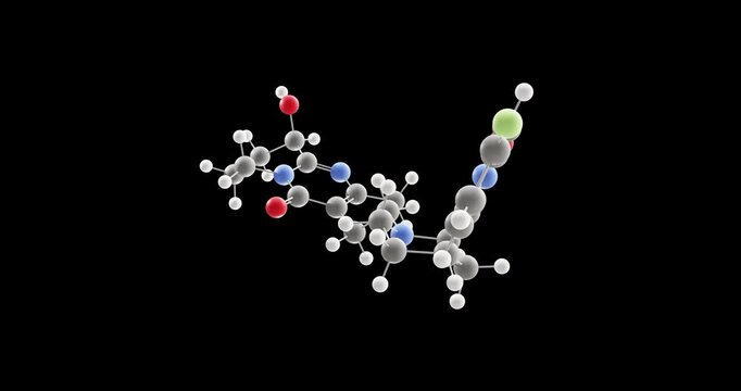 Paliperidone molecule, rotating 3D model of antipsychotic, looped video on a black background