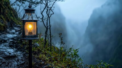 Foggy mountaintop lantern illuminating the path serene nature outdoor landscape mystical atmosphere