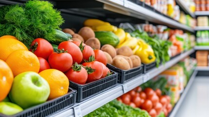 Colorful display of fresh fruits and vegetables in a grocery store.