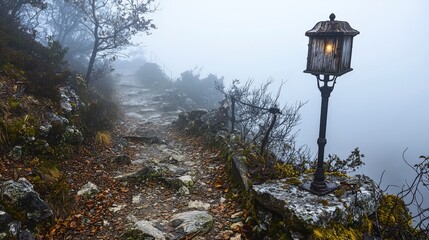 Foggy mountaintop scene with weathered lamp illuminating pathway mystical landscape serene atmosphere