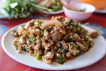 Cooked pork larb, Isaan food in Thailand
