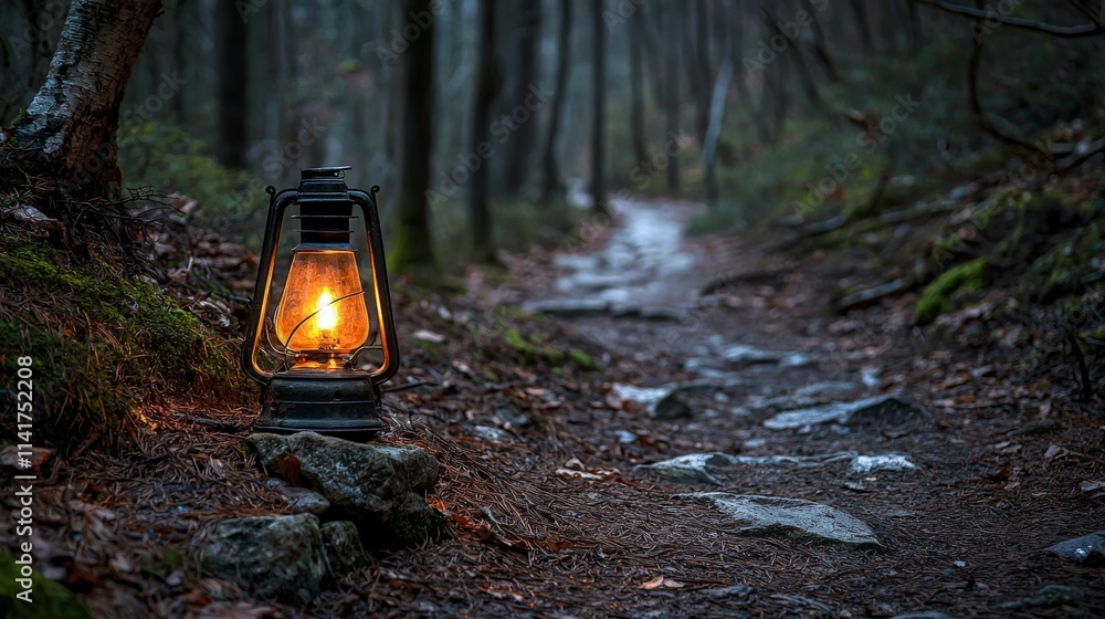 Poster ancient oil lamp illuminating dark forest path tranquil nature scene evening mood warm glow mystical