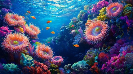 Colorful underwater coral reef scene, vibrant marine life, tropical fish, ocean beauty, aquatic ecosystem