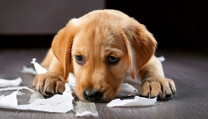 紙を破ったいたずらをして反省している子犬