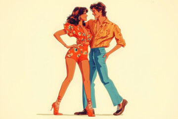 Obraz premium Couple in colorful outfits joyfully dancing together.