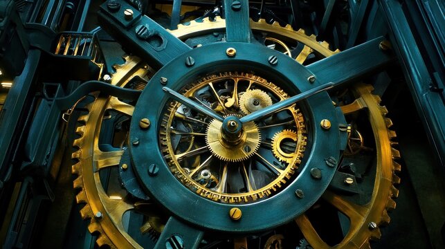 Close-up of intricate clock mechanism with gold gears and teal casing.