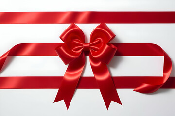 The image shows a large, elegant red bow made of satin ribbon. It is placed on a white background with several parallel lines of red ribbon.
