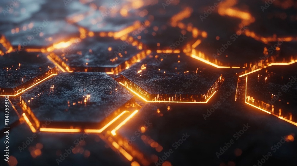 Poster Glowing Hexagonal Grid Dark Surface Pattern
