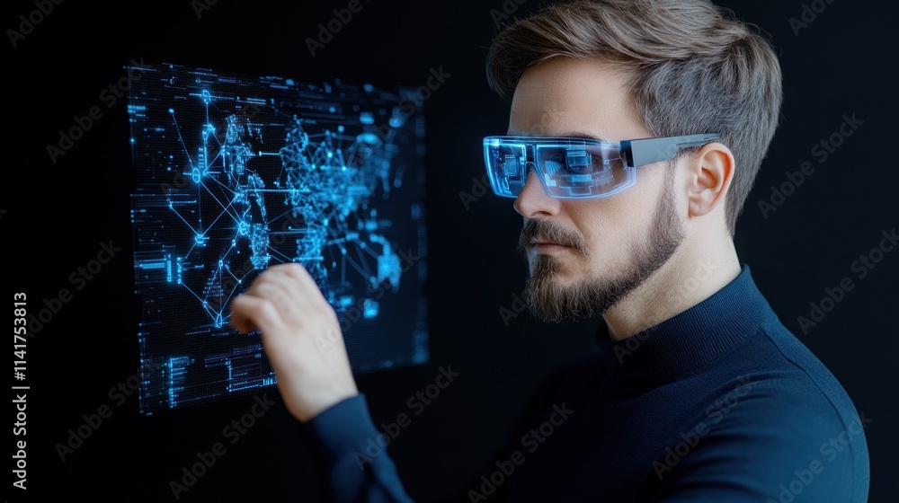 Poster man interacting with a holographic display in a futuristic setting.