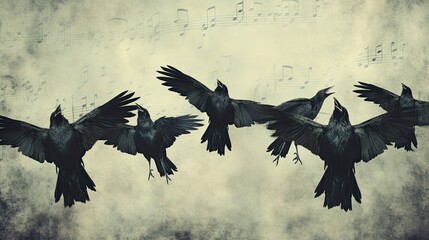 Obraz premium Five crows in flight against a musical score background.