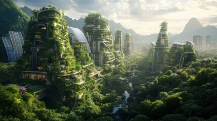 Obraz premium A futuristic cityscape integrated with lush greenery and mountains.
