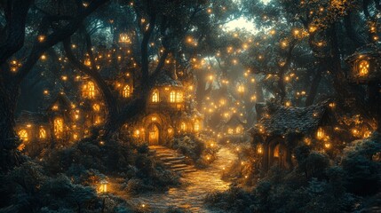 Enchanted forest village, glowing lanterns, magical path.