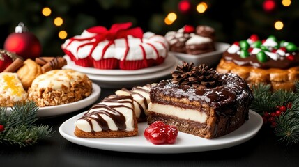 A festive assortment of holiday desserts on a decorative table.