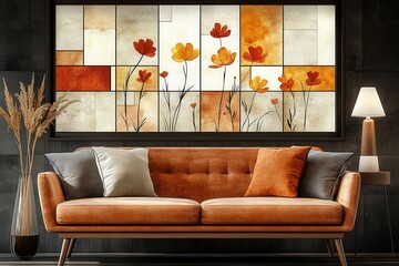 A stylish living room with an orange sofa adorned with pillows, complemented by a vibrant floral artwork on the wall and a soft lamp beside it.