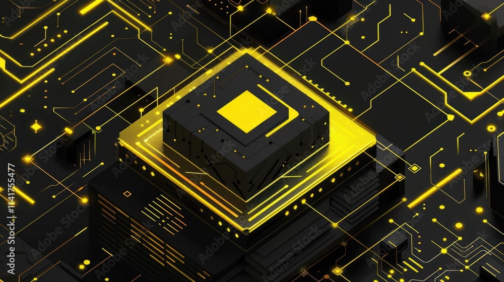 Poster a digital illustration of a microchip surrounded by intricate circuitry and glowing lines.