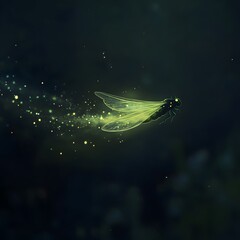 A small, glimmering firefly floating in the air, emitting a soft greenish glow