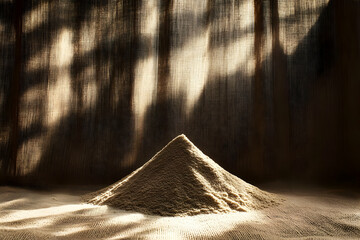 A small mountain of light brown powder sits on a surface, backlit by a sheer curtain.