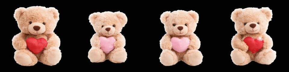 Variety of colorful teddy bears with hearts, set on black background in a row, soft and plush appearance.